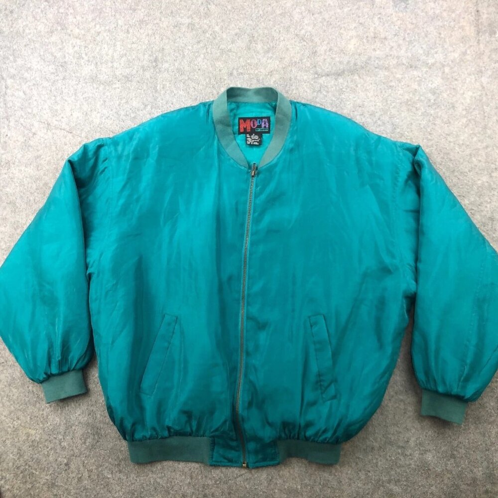 Vintage MODA BB Dakota Jacket Womens Medium Blue Silk Bomber